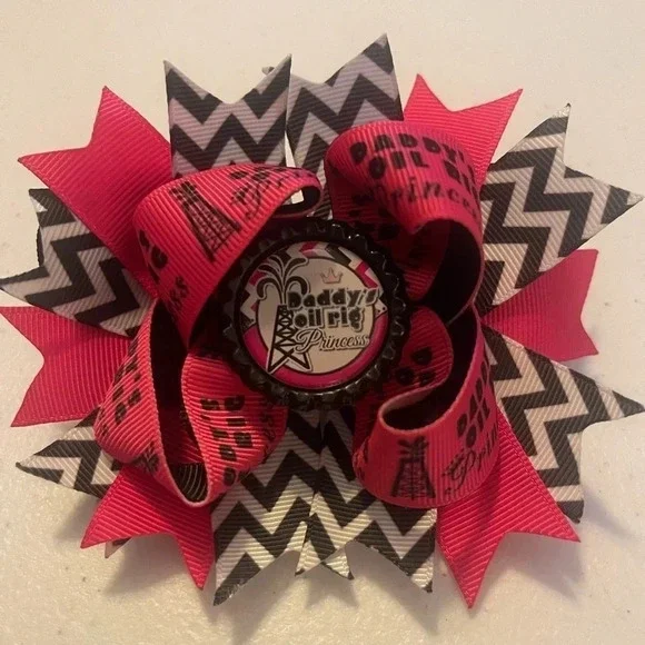 Oilfield daughter daddy’s oilfield princess hair bow pink black white 4 1/2 inch - Picture 2 of 4
